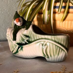 Vintage Pixie Elf Crawling On A Shoe Green Planter Japan